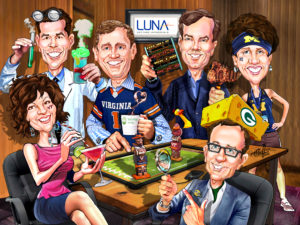 6 faces with full bodies and backgrounds corporate team caricature